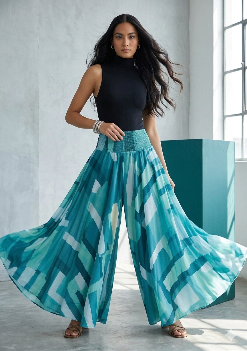 Women's Teal Abstract Print High-Waist Smocked Palazzo Pants