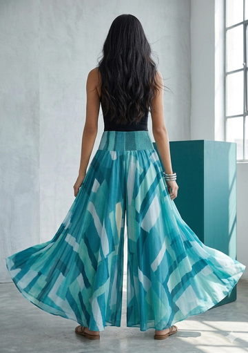Women's Teal Abstract Print High-Waist Smocked Palazzo Pants