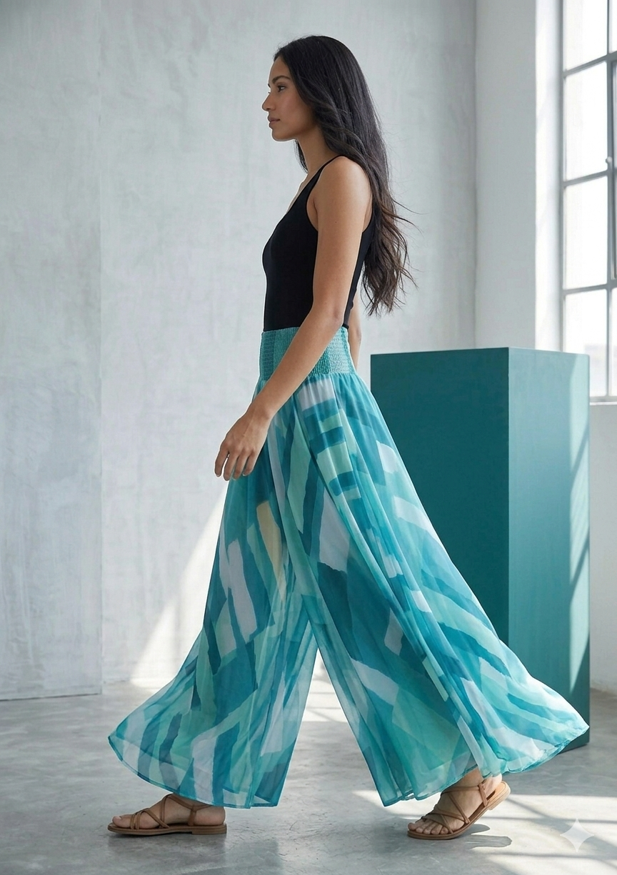 Women's Teal Abstract Print High-Waist Smocked Palazzo Pants