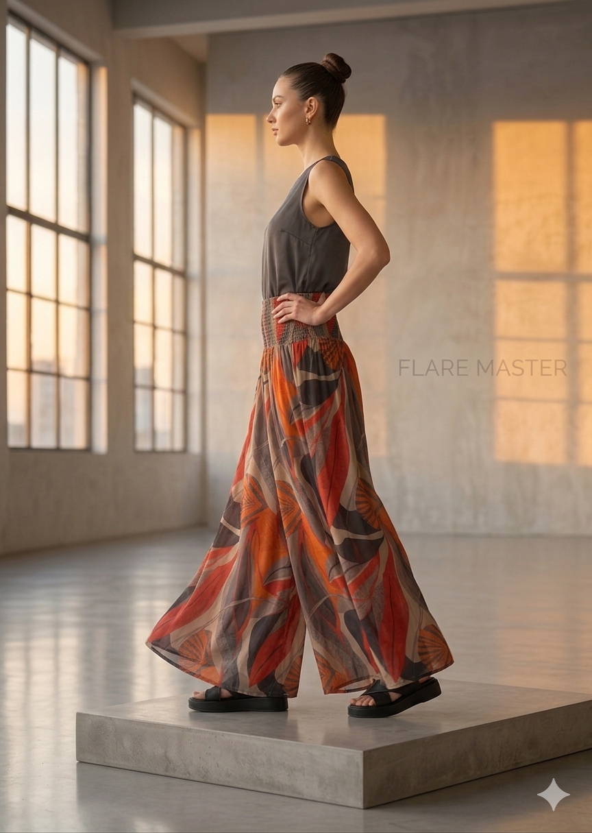 Women's Red & Brown Abstract Leaf Print High-Waist Smocked Palazzo Pants