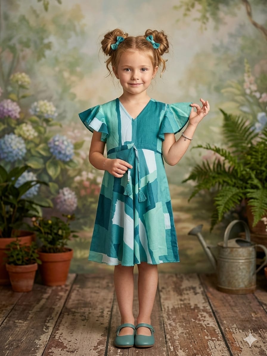 Mom & Me Rama Green Abstract Printed Rayon Umbrella Style A-Line Dress with Drawstring Waist
