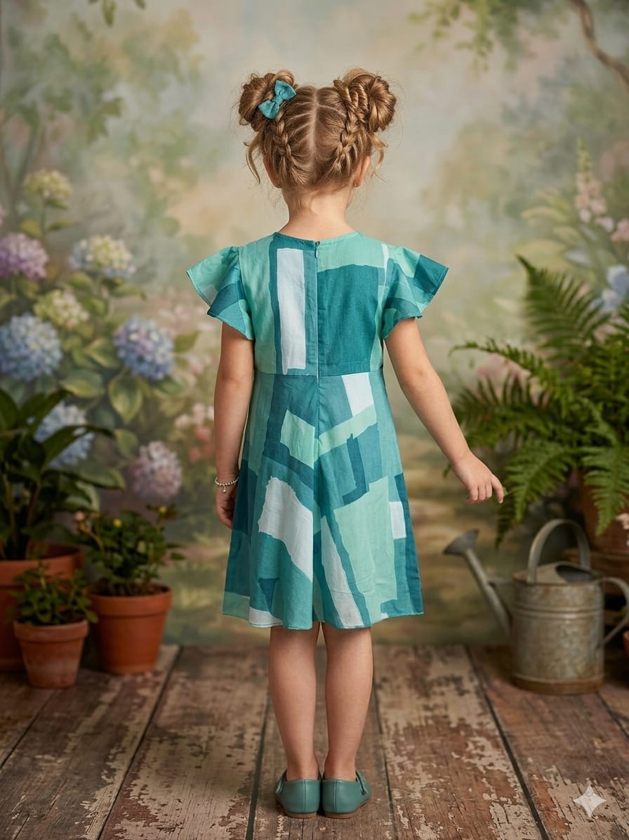 Mom & Me Rama Green Abstract Printed Rayon Umbrella Style A-Line Dress with Drawstring Waist