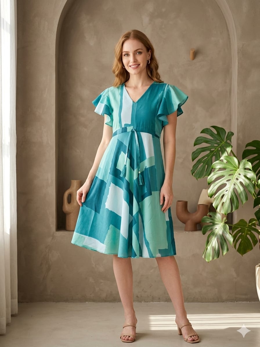 Mom & Me Rama Green Abstract Printed Rayon Umbrella Style A-Line Dress with Drawstring Waist