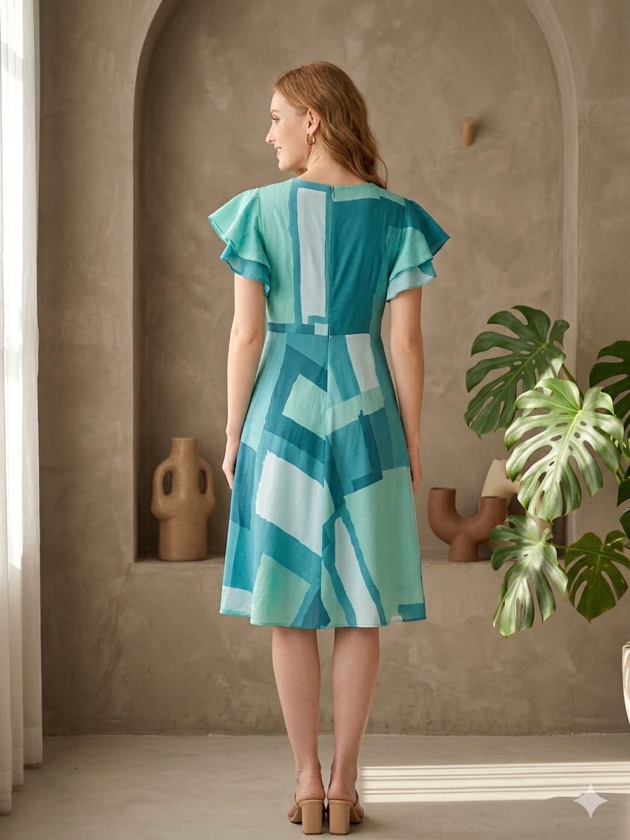 Mom & Me Rama Green Abstract Printed Rayon Umbrella Style A-Line Dress with Drawstring Waist