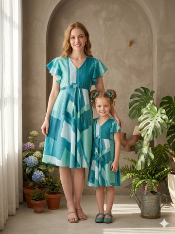 Mom & Me Rama Green Abstract Printed Rayon Umbrella Style A-Line Dress with Drawstring Waist