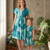 Mom & Me Rama Green Abstract Printed Rayon Umbrella Style A-Line Dress with Drawstring Waist