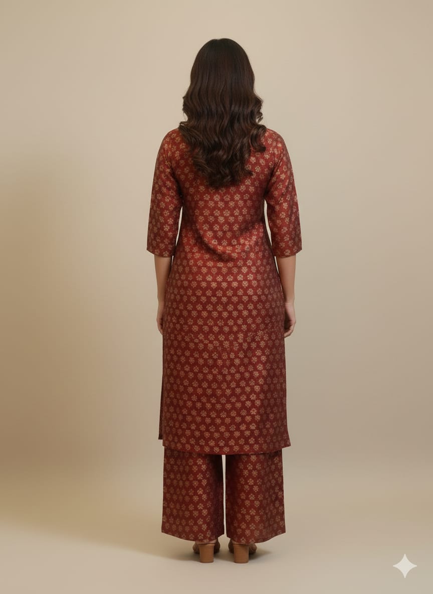 Women’s Red Floral Printed Chanderi Kurta Set with Straight Pants