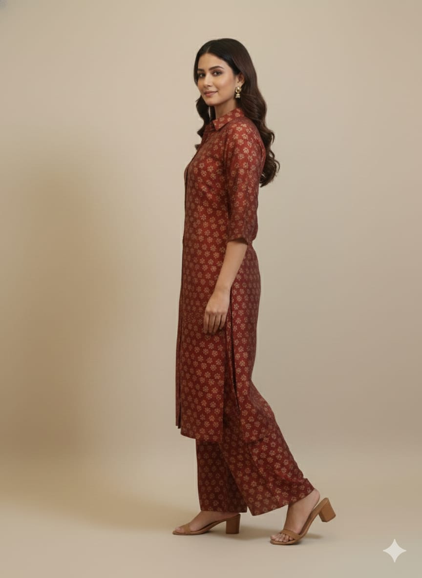 Women’s Red Floral Printed Chanderi Kurta Set with Straight Pants