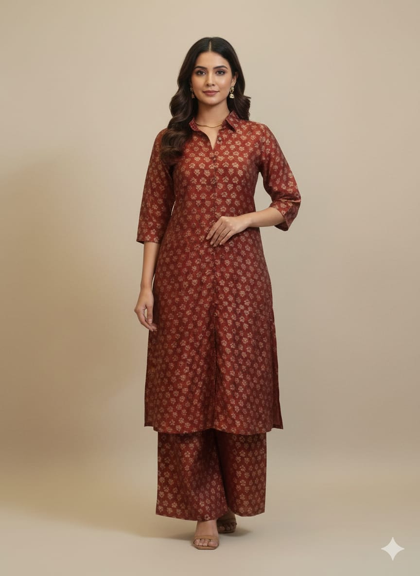 Women’s Red Floral Printed Chanderi Kurta Set with Straight Pants