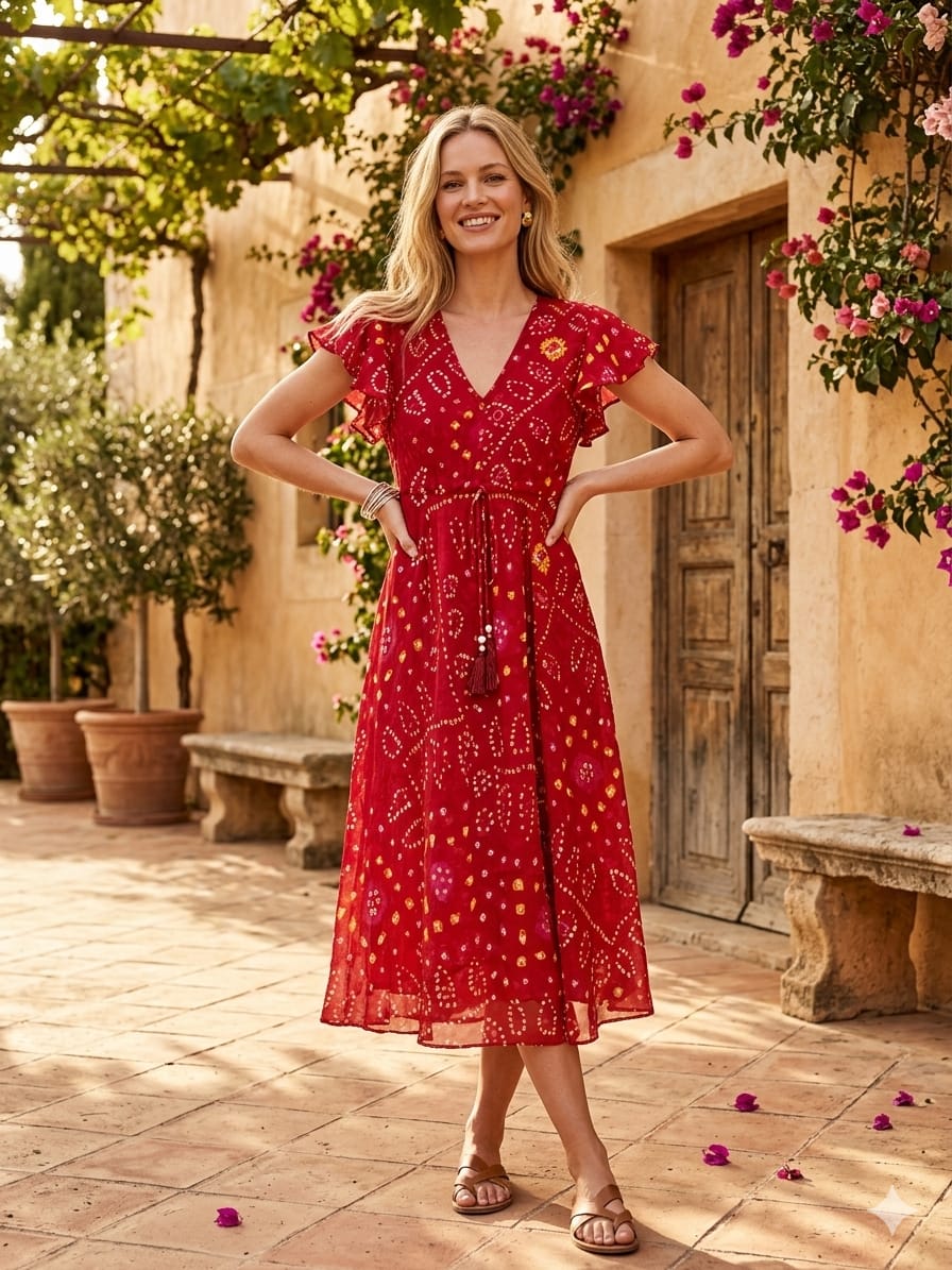 Women’s Red Bandhej Printed Georgette Umbrella Style A-Line Dress with Drawstring Waist