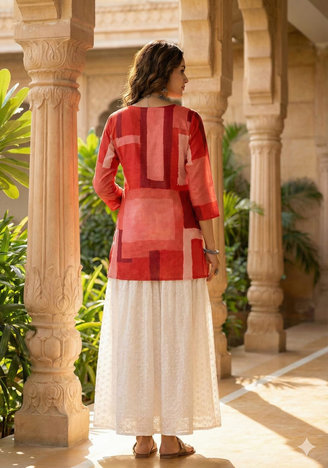 Women’s Red Box Abstract Printed Rayon Kurta with Chikankari Flared Skirt Set