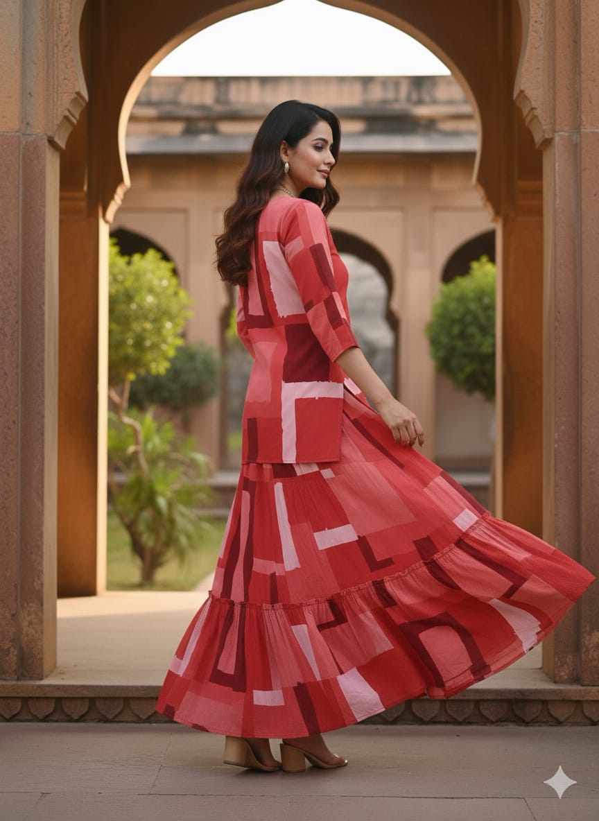 Women’s Red Box Abstract Printed Rayon Kurta with Flared Skirt Set