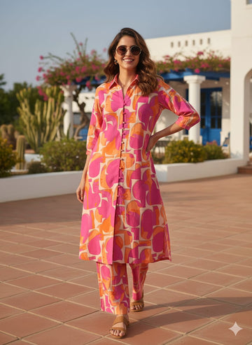 Women’s Pink & Orange Abstract Printed Rayon Kurta Set with Straight Pants