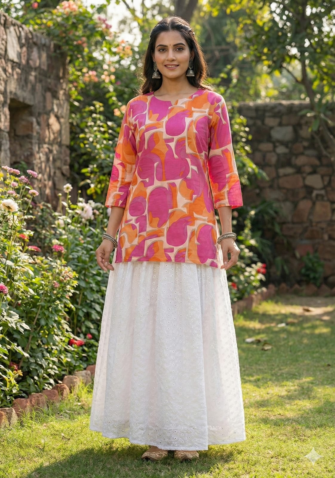 Women’s Red Abstract Printed Rayon Kurta with Chikankari Flared Skirt Set