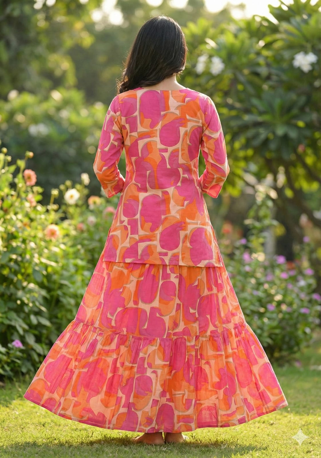 Women’s Red Abstract Printed Rayon Kurta with Flared Skirt Set