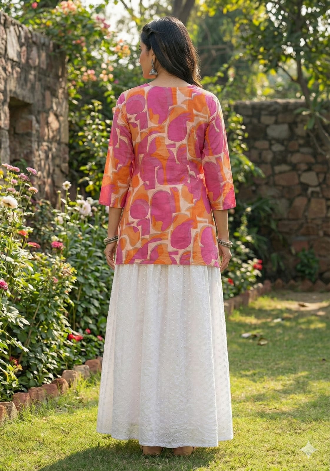 Women’s Red Abstract Printed Rayon Kurta with Chikankari Flared Skirt Set