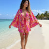Women’s Red Abstract Printed Rayon Beach Wear Set with Tie-Up Top & Shorts