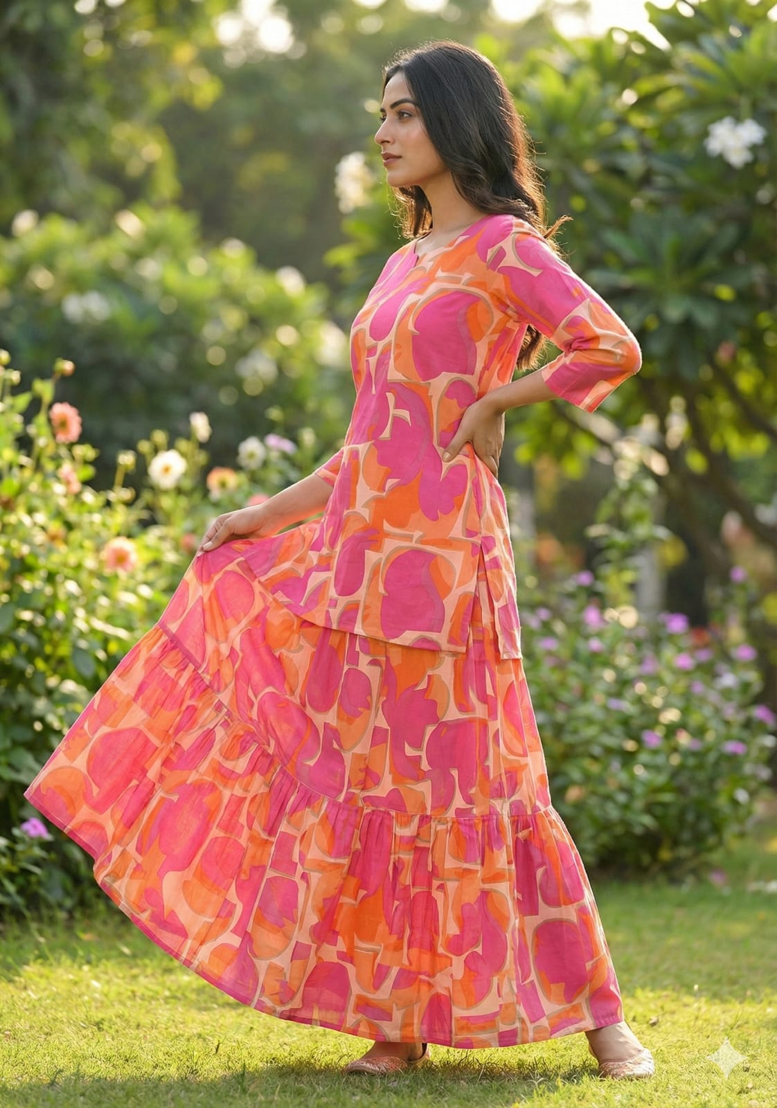 Women’s Red Abstract Printed Rayon Kurta with Flared Skirt Set