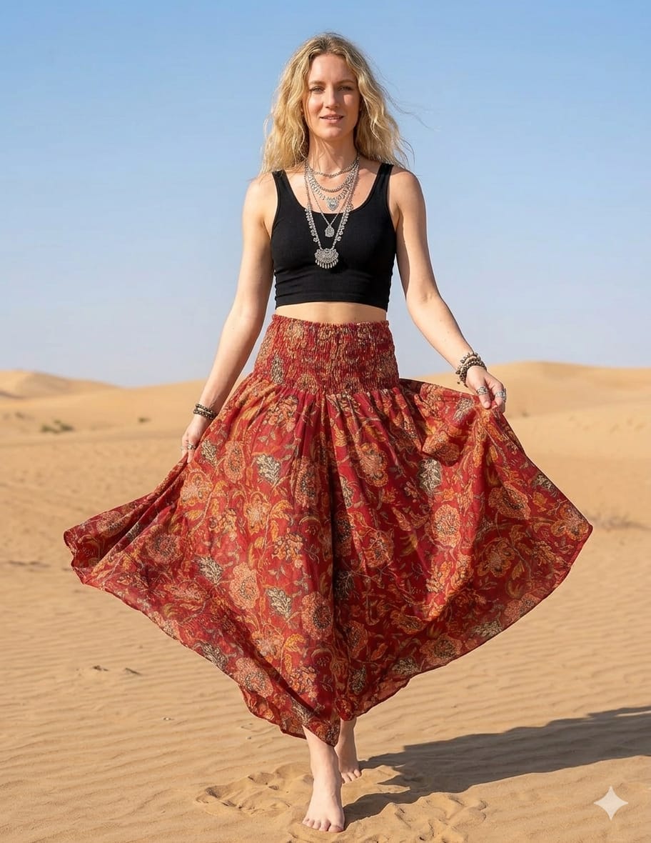 Elegant Red Floral Printed Chanderi Flared Palazzo Pants with Smocked Waist