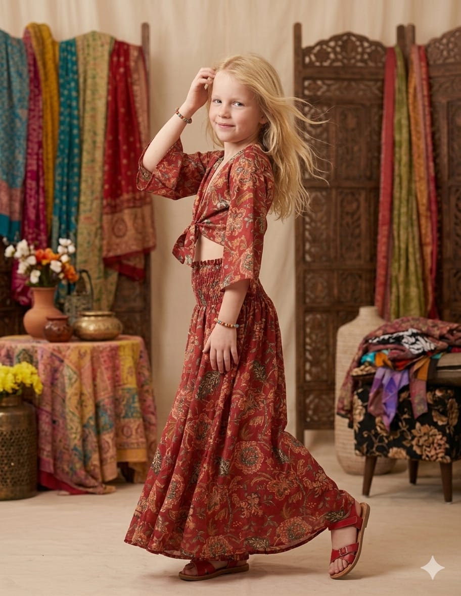 Baby Girls Red Floral Printed Chanderi Tie-Front Crop Top & Flared Palazzo Pant Co-ord Set