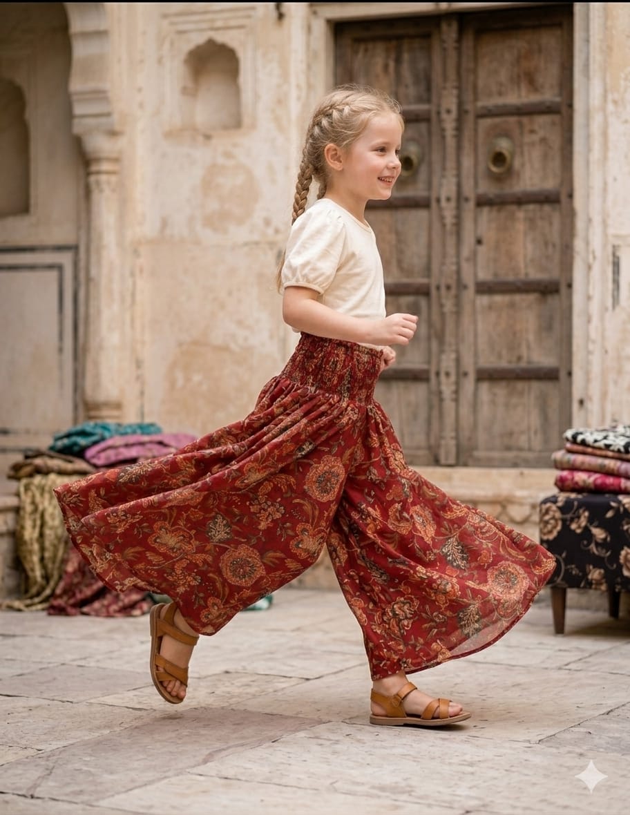 Mom & Daughter Red Floral Printed Chanderi Flared Palazzo Pants with Smocked Waist