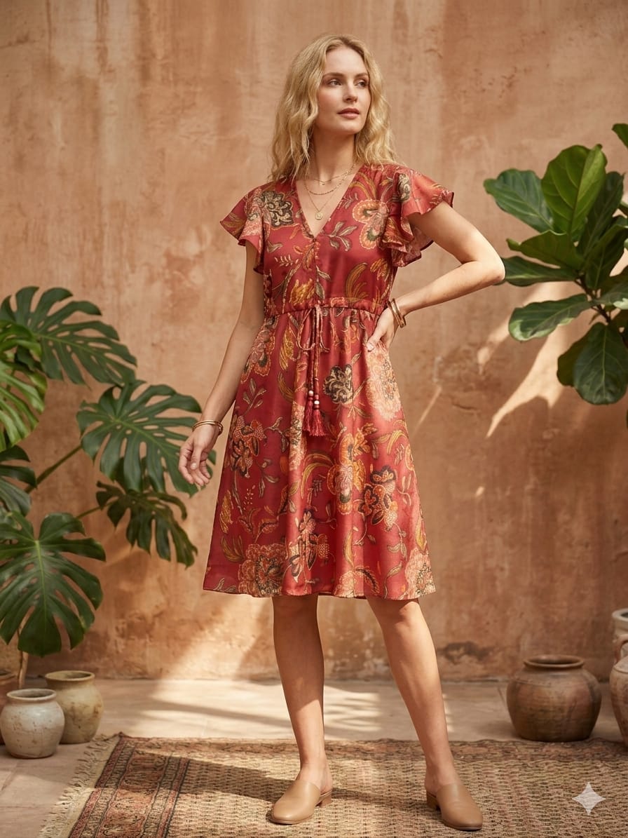Women’s Red Floral Printed Chanderi Umbrella Style A-Line Dress with Drawstring Waist