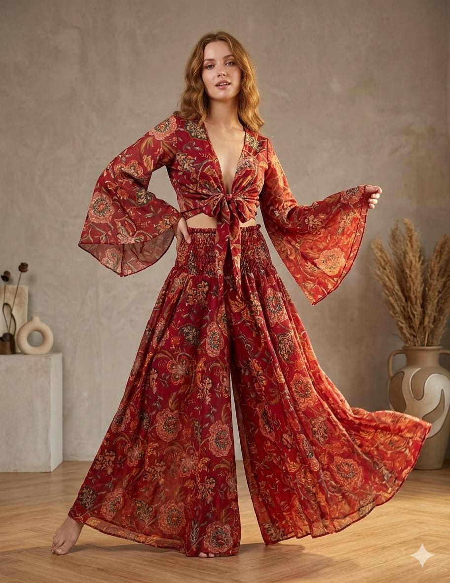 Women’s Red Floral Printed Chanderi Tie-Front Crop Top & Flared Palazzo Pant Co-ord Set
