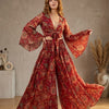 Women’s Red Floral Printed Chanderi Tie-Front Crop Top & Flared Palazzo Pant Co-ord Set