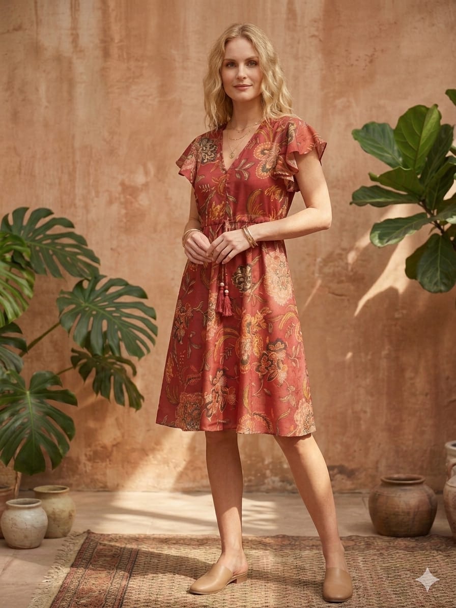 Mom & Me Red Floral Printed Chanderi Umbrella Style A-Line Dress with Drawstring Waist