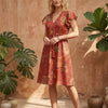 Women’s Red Floral Printed Chanderi Umbrella Style A-Line Dress with Drawstring Waist