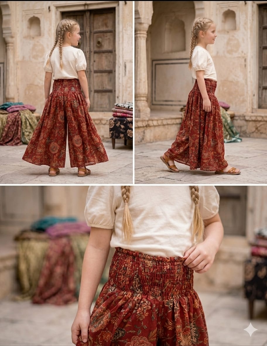 Mom & Daughter Red Floral Printed Chanderi Flared Palazzo Pants with Smocked Waist