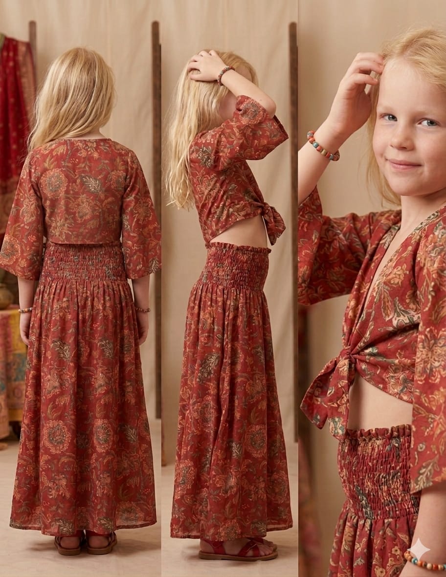 Baby Girls Red Floral Printed Chanderi Tie-Front Crop Top & Flared Palazzo Pant Co-ord Set