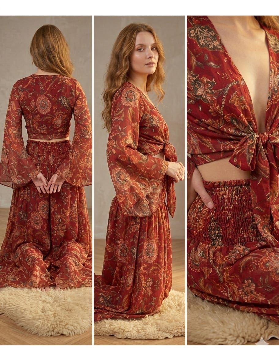 Women’s Red Floral Printed Chanderi Tie-Front Crop Top & Flared Palazzo Pant Co-ord Set