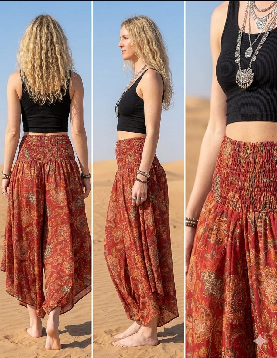 Elegant Red Floral Printed Chanderi Flared Palazzo Pants with Smocked Waist