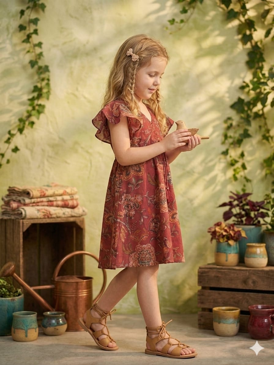 Baby Girls Red Floral Printed Chanderi Umbrella Style A-Line Dress with Flutter Sleeves