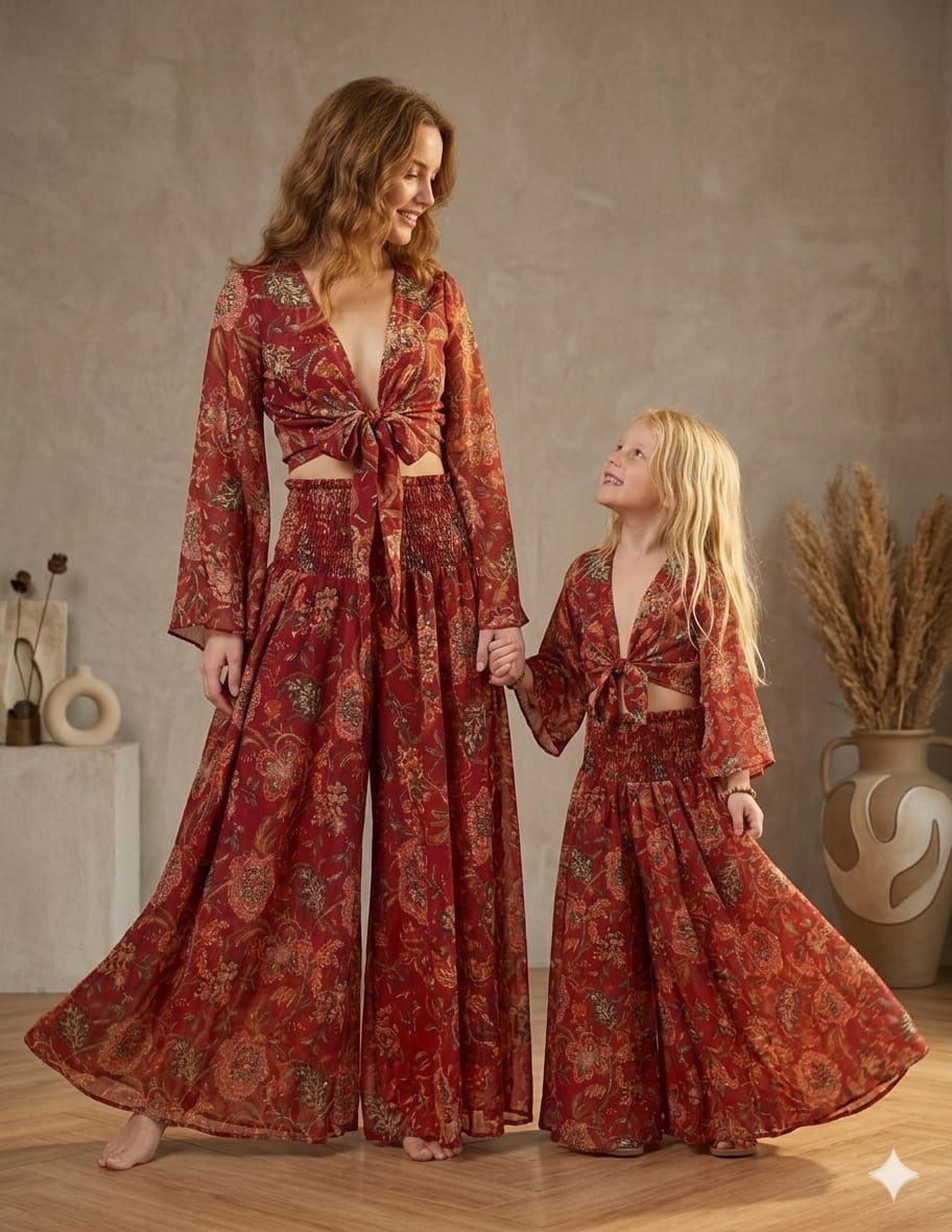Mom & Me Red Floral Printed Chanderi Tie-Front Crop Top & Flared Palazzo Pant Co-ord Set