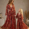 Mom & Me Red Floral Printed Chanderi Tie-Front Crop Top & Flared Palazzo Pant Co-ord Set