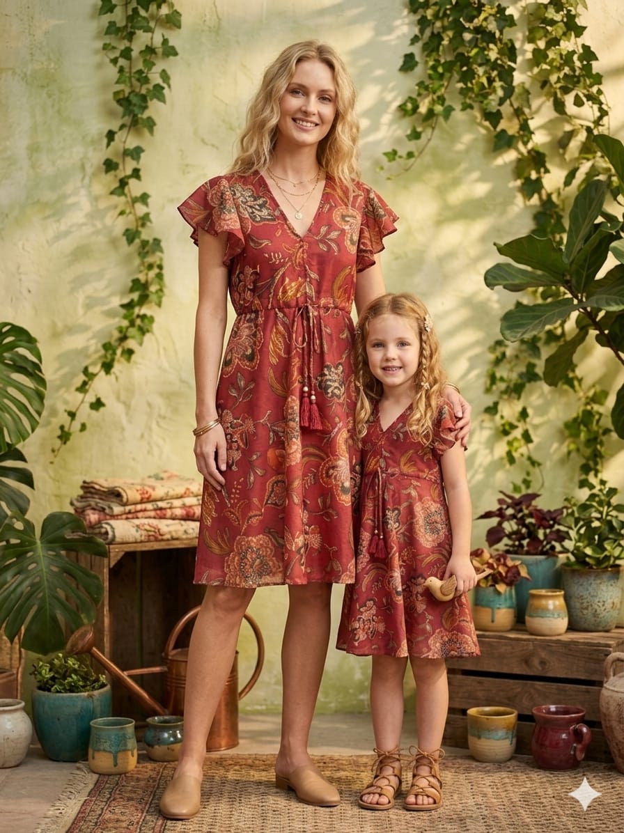 Mom & Me Red Floral Printed Chanderi Umbrella Style A-Line Dress with Drawstring Waist