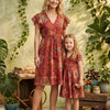 Mom & Me Red Floral Printed Chanderi Umbrella Style A-Line Dress with Drawstring Waist