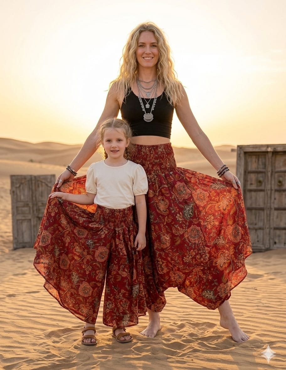 Mom & Daughter Red Floral Printed Chanderi Flared Palazzo Pants with Smocked Waist