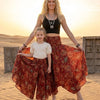 Mom & Daughter Red Floral Printed Chanderi Flared Palazzo Pants with Smocked Waist