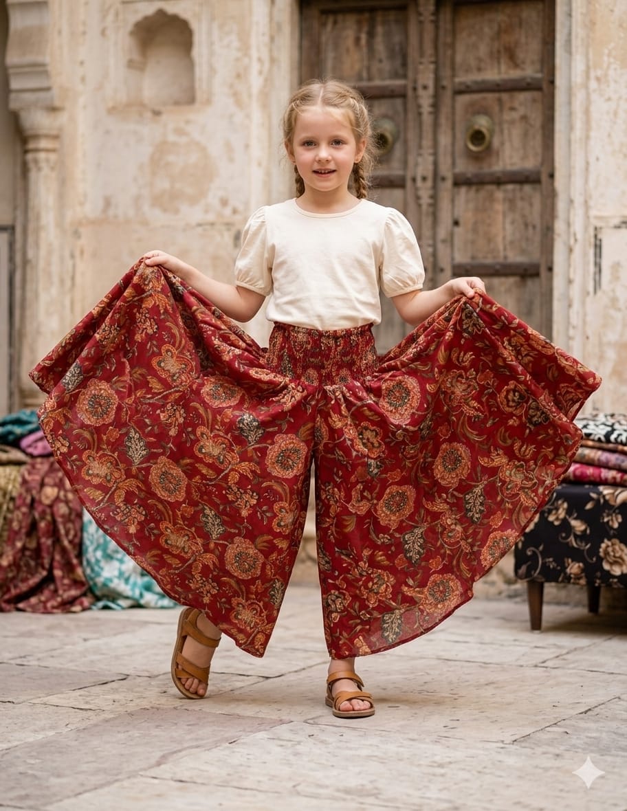 Mom & Daughter Red Floral Printed Chanderi Flared Palazzo Pants with Smocked Waist