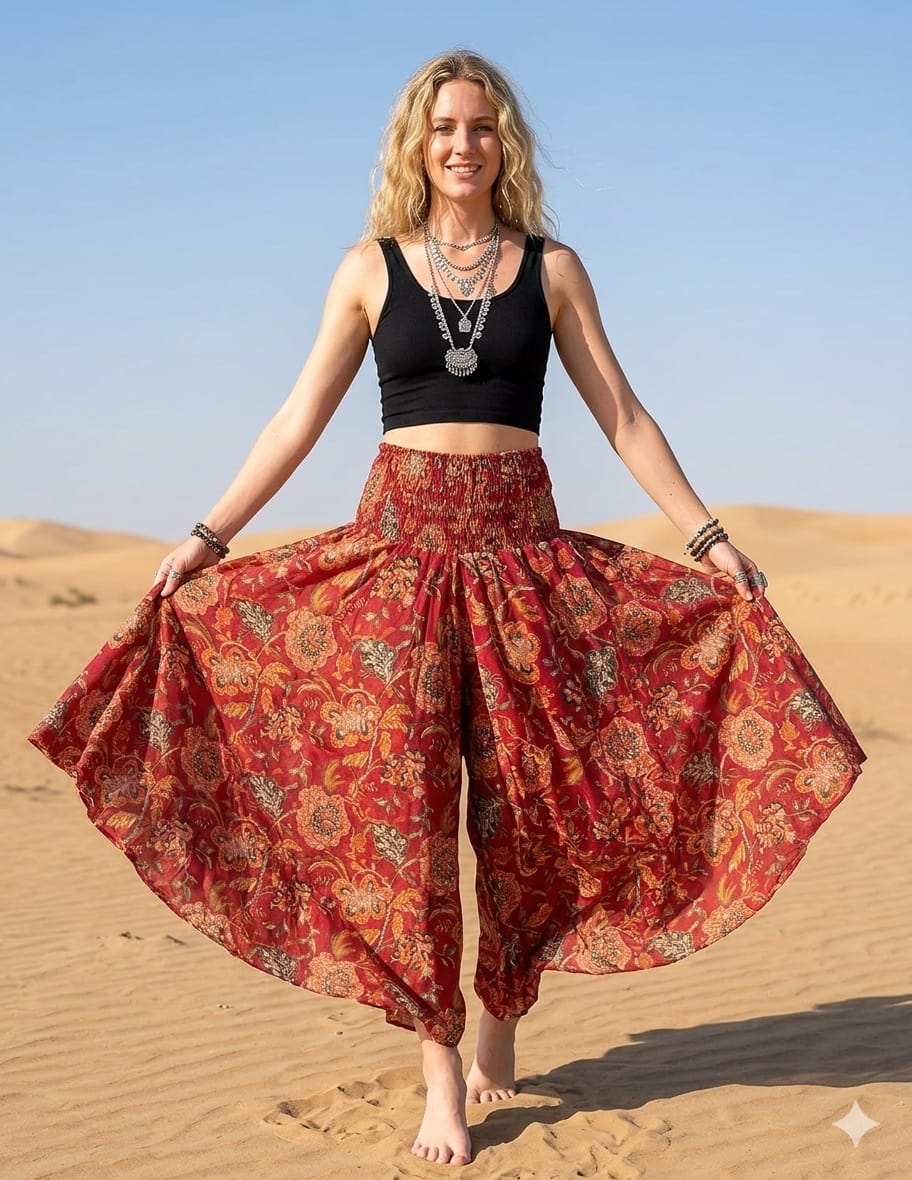 Elegant Red Floral Printed Chanderi Flared Palazzo Pants with Smocked Waist