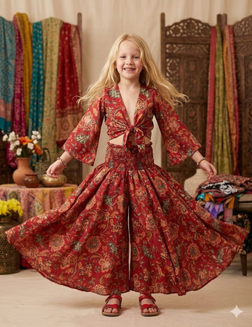Baby Girls Red Floral Printed Chanderi Tie-Front Crop Top & Flared Palazzo Pant Co-ord Set