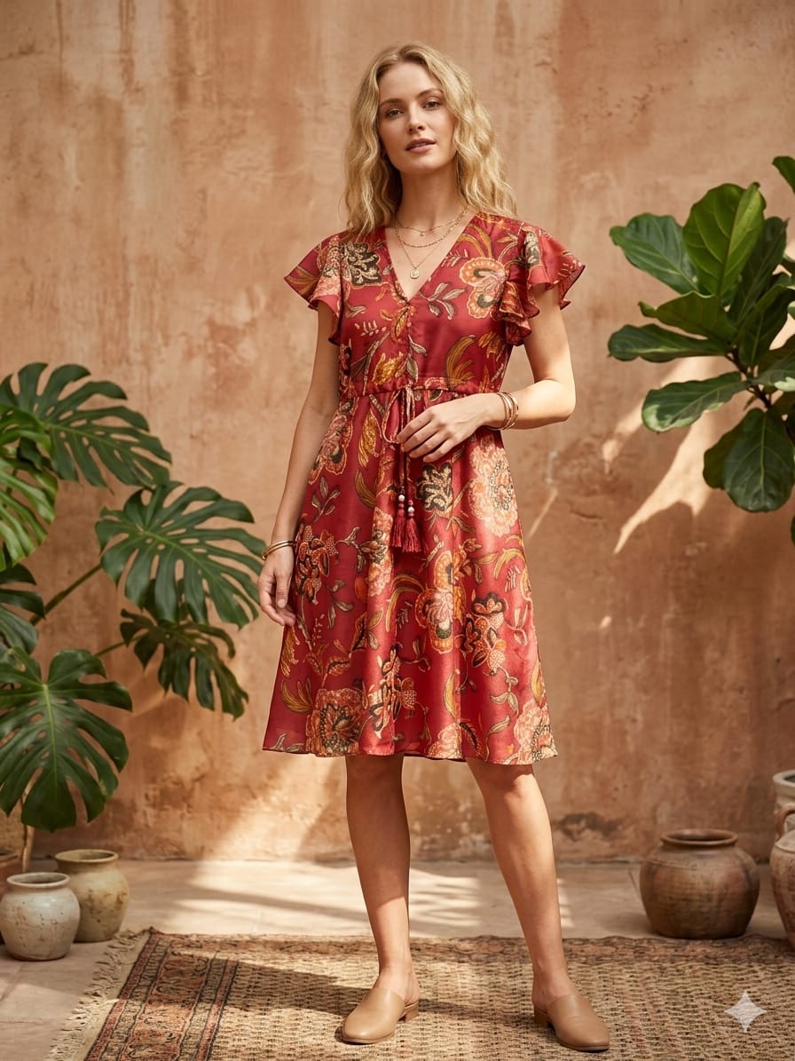 Mom & Me Red Floral Printed Chanderi Umbrella Style A-Line Dress with Drawstring Waist