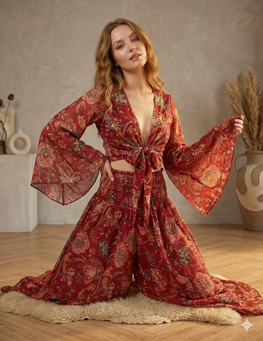 Women’s Red Floral Printed Chanderi Tie-Front Crop Top & Flared Palazzo Pant Co-ord Set