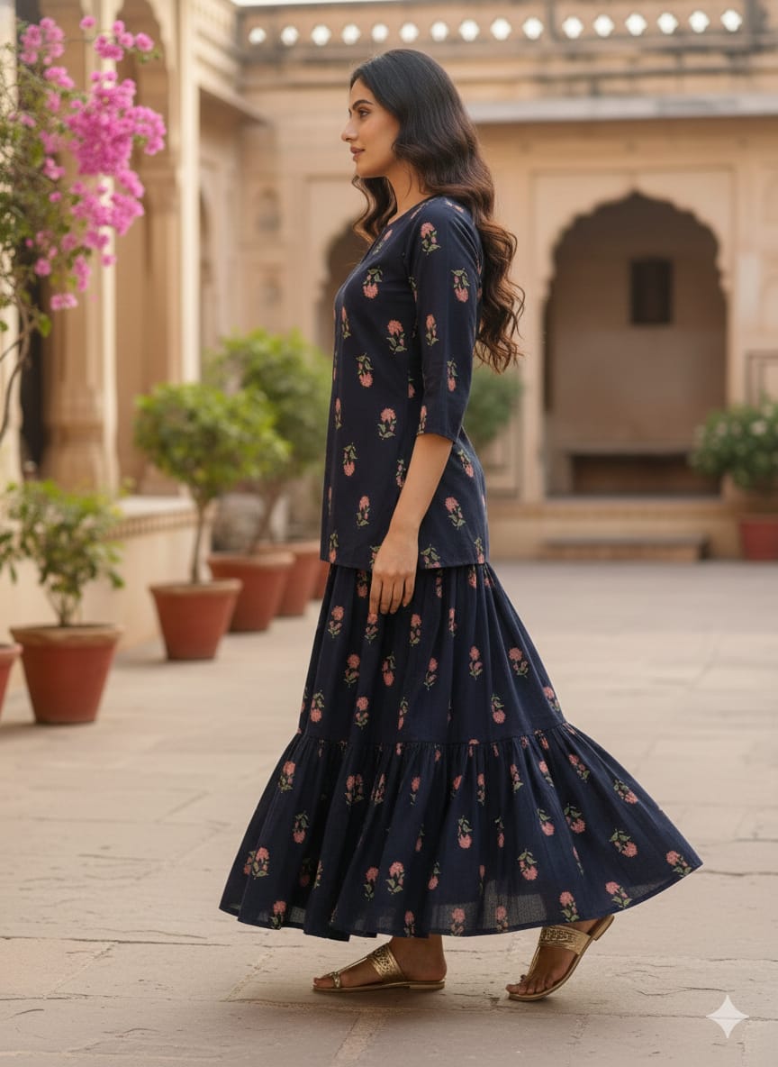 Women’s Red Floral Printed Cotton Black Kurta with Flared Skirt Set