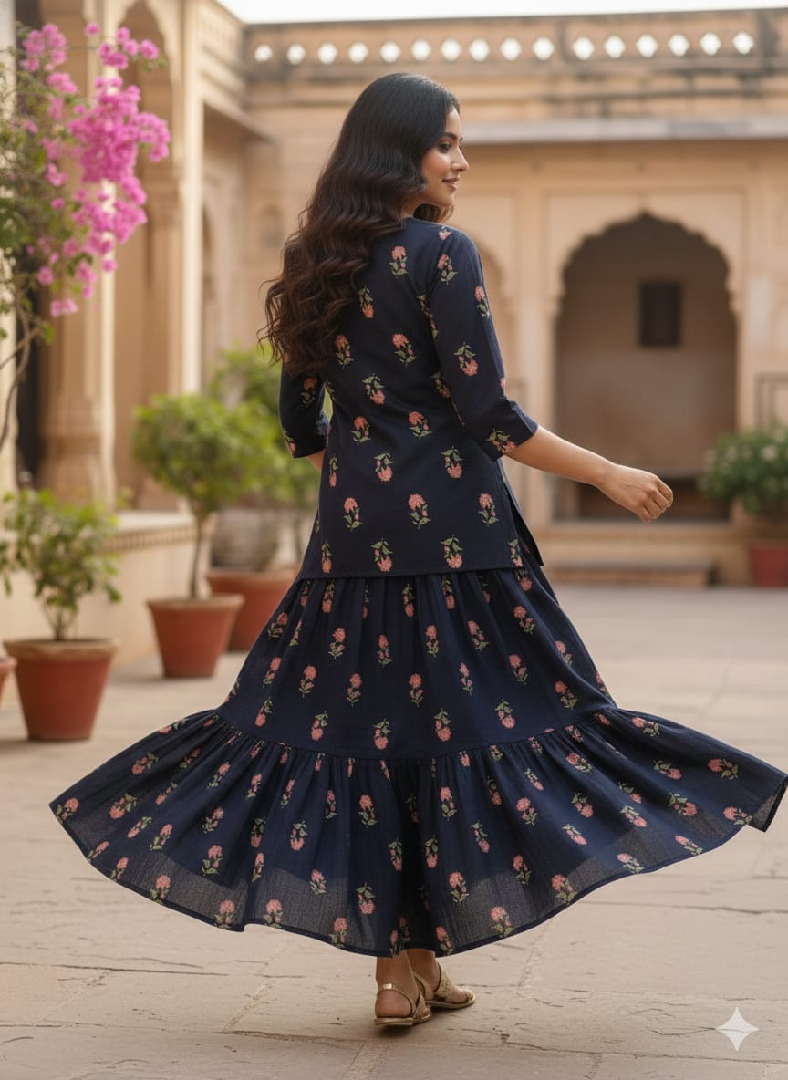 Women’s Red Floral Printed Cotton Black Kurta with Flared Skirt Set