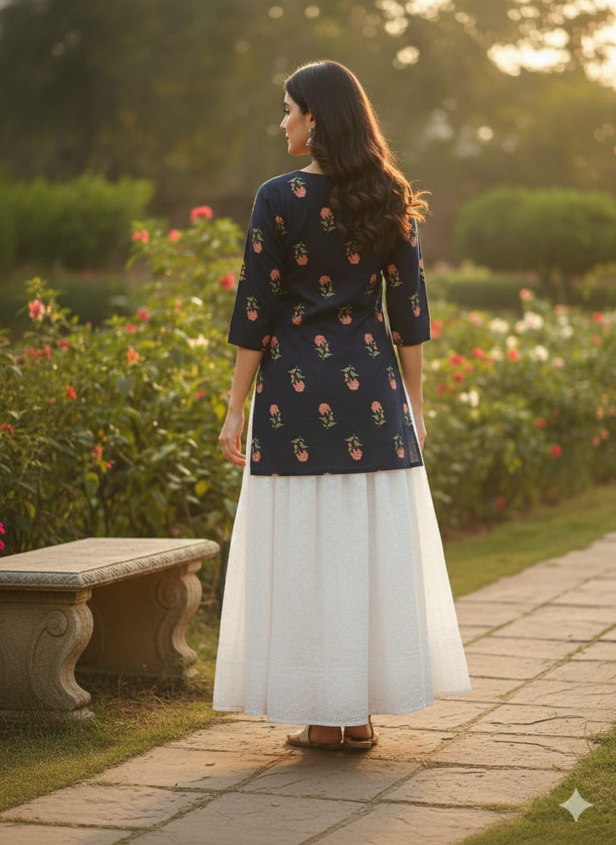 Women’s Red Floral Printed Cotton Black Kurta with Chikankari Flared Skirt Set