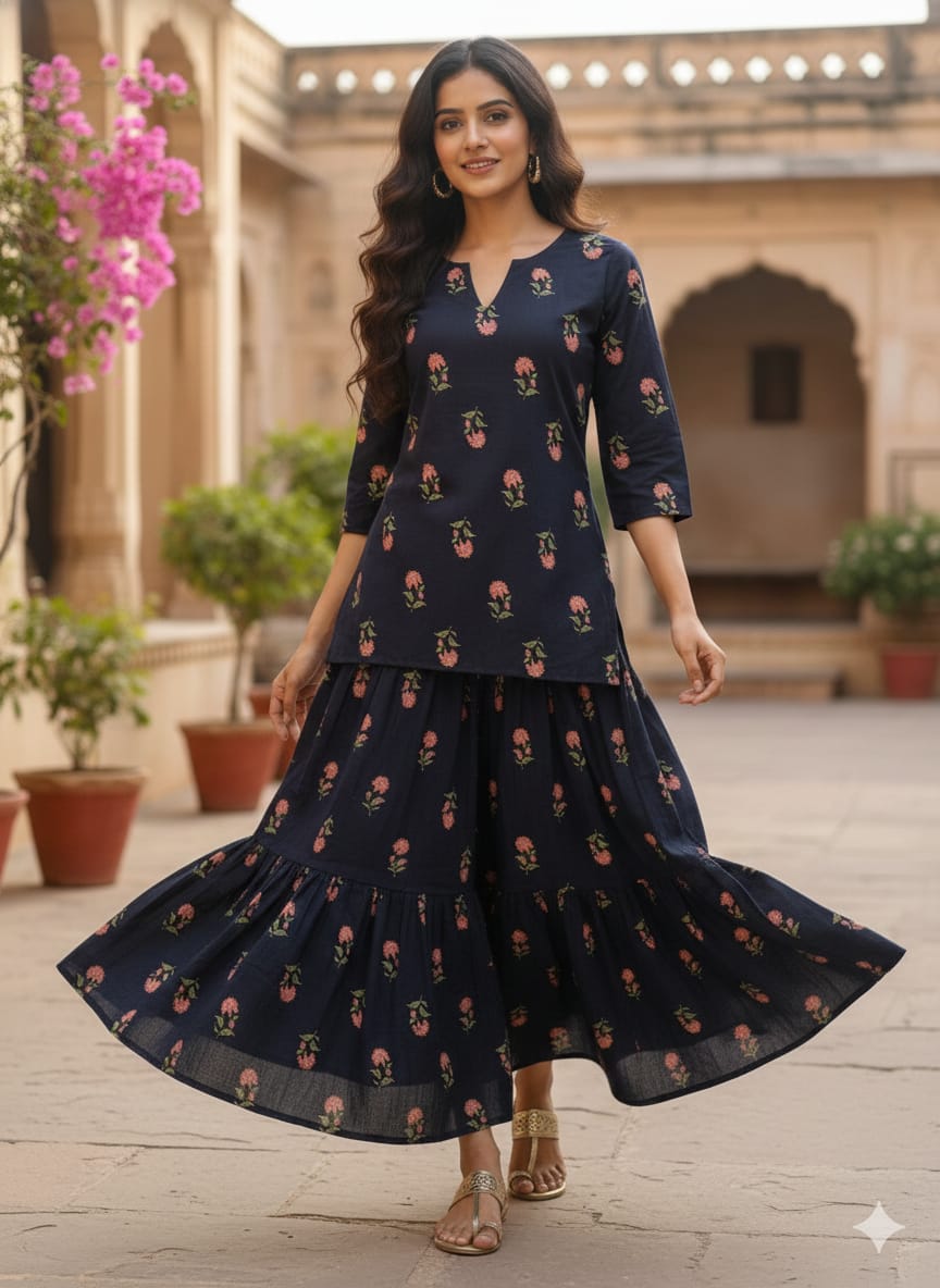 Women’s Red Floral Printed Cotton Black Kurta with Flared Skirt Set